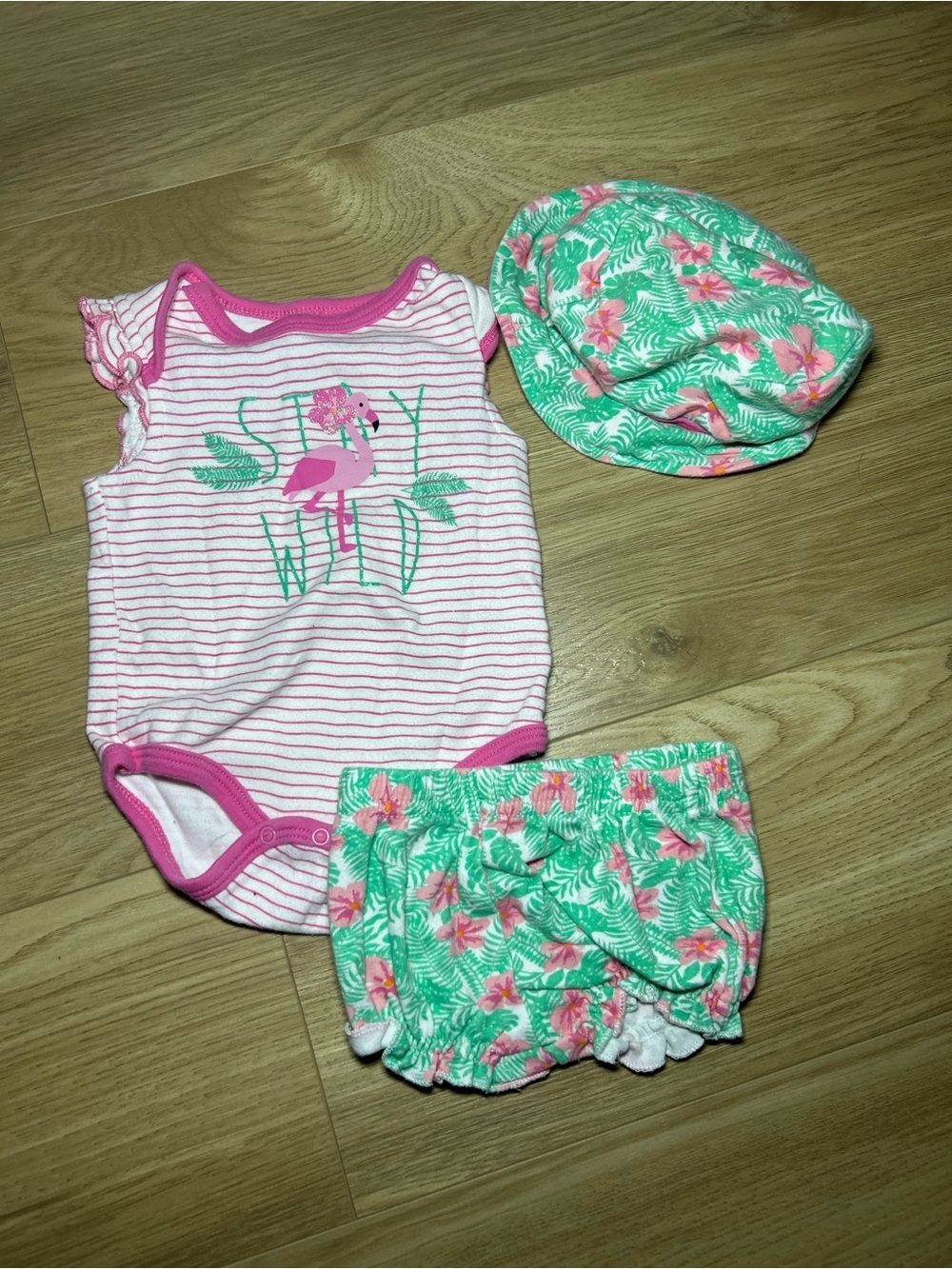 Pink Flamingo Stripe Baby Matching Set with Tropical Shorts & Hat